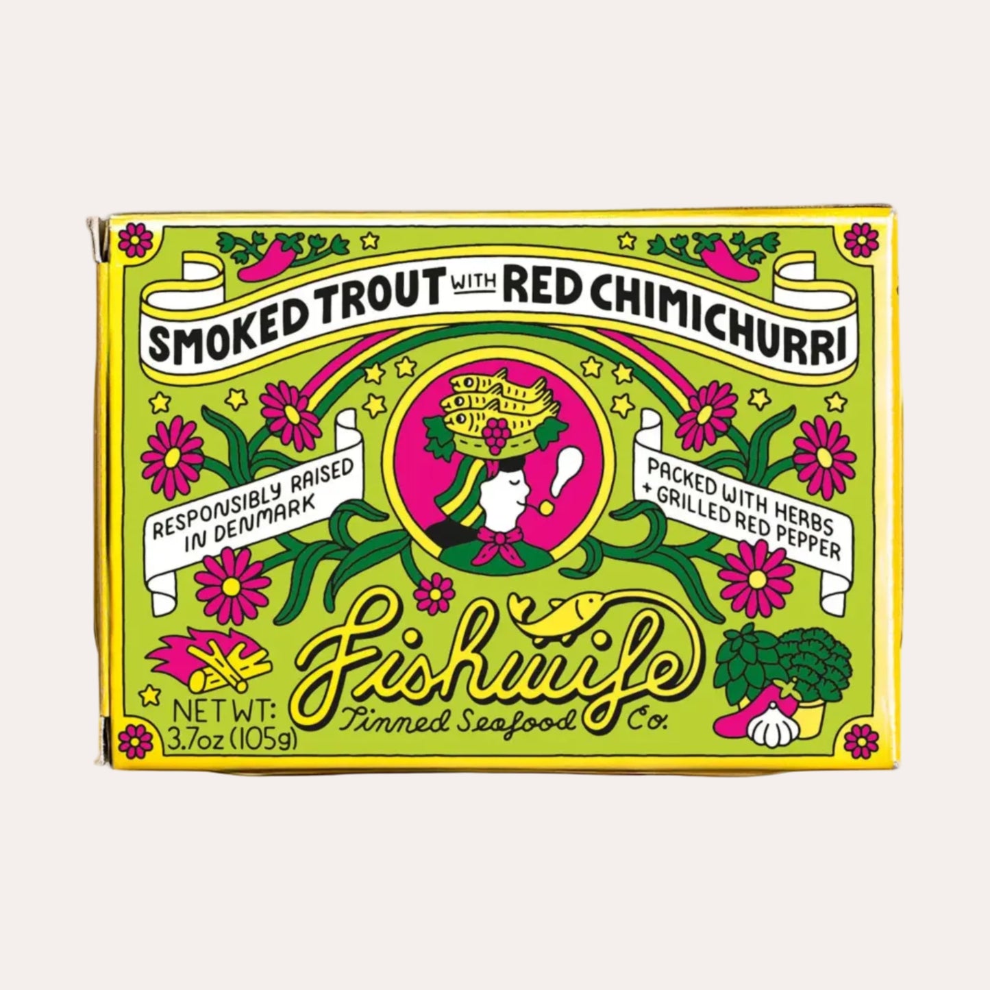 Packaged smoked trout with red chimichurri from Fishwife on a white background