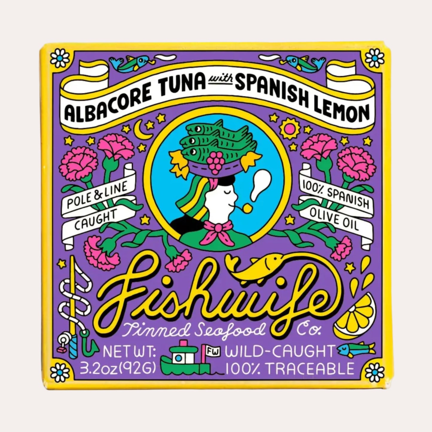 Colorful label for Fishwife tuna with Spanish lemon on a white background