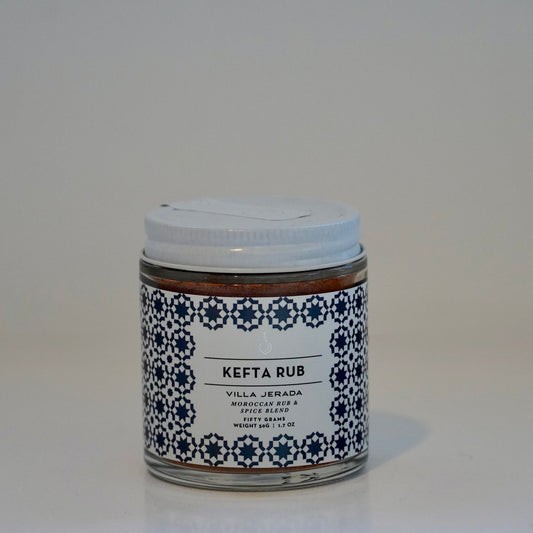 Jar of kefta rub with decorative label on a white background