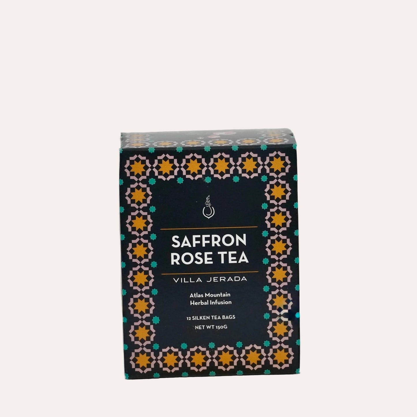 Box of saffron rose tea with decorative patterns on a white background