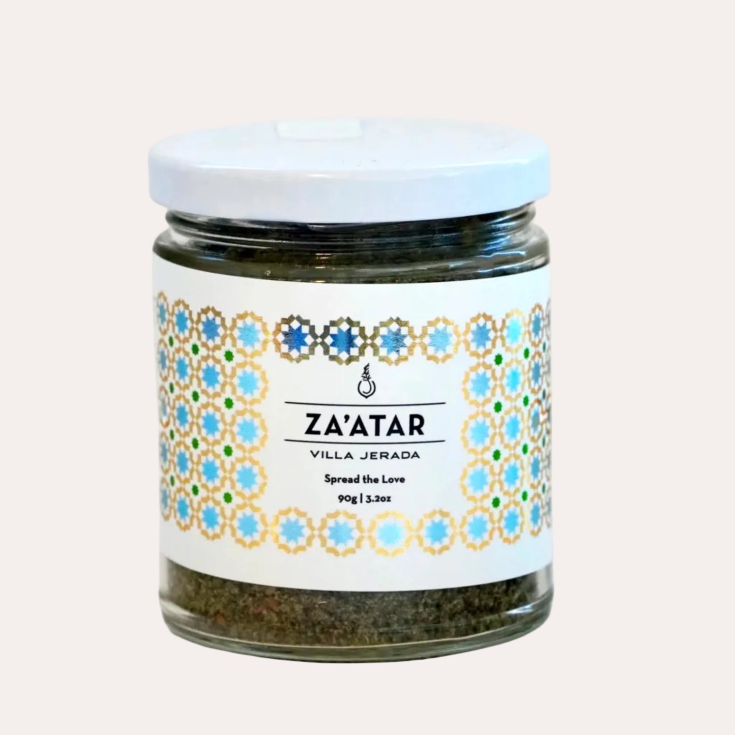 Jar of Za'atar with decorative label on a white background
