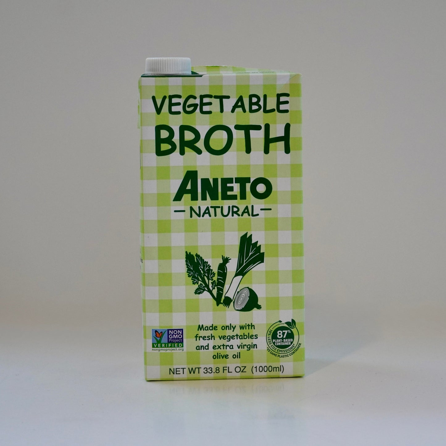 Carton of Aneto Vegetable Broth on a white background