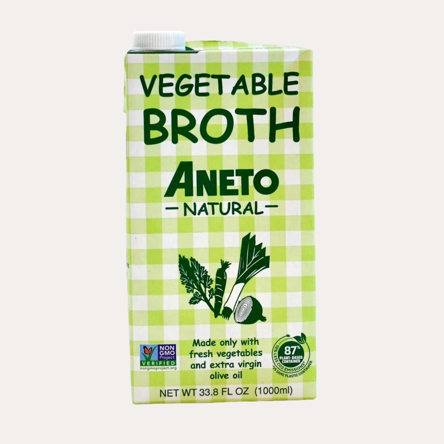 Aneto Vegetable Broth carton with green checkered pattern on a white background
Premium Groceries
Cork Market