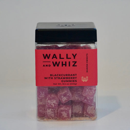 Wally and Whiz gummies container of blackcurrent and strawberry