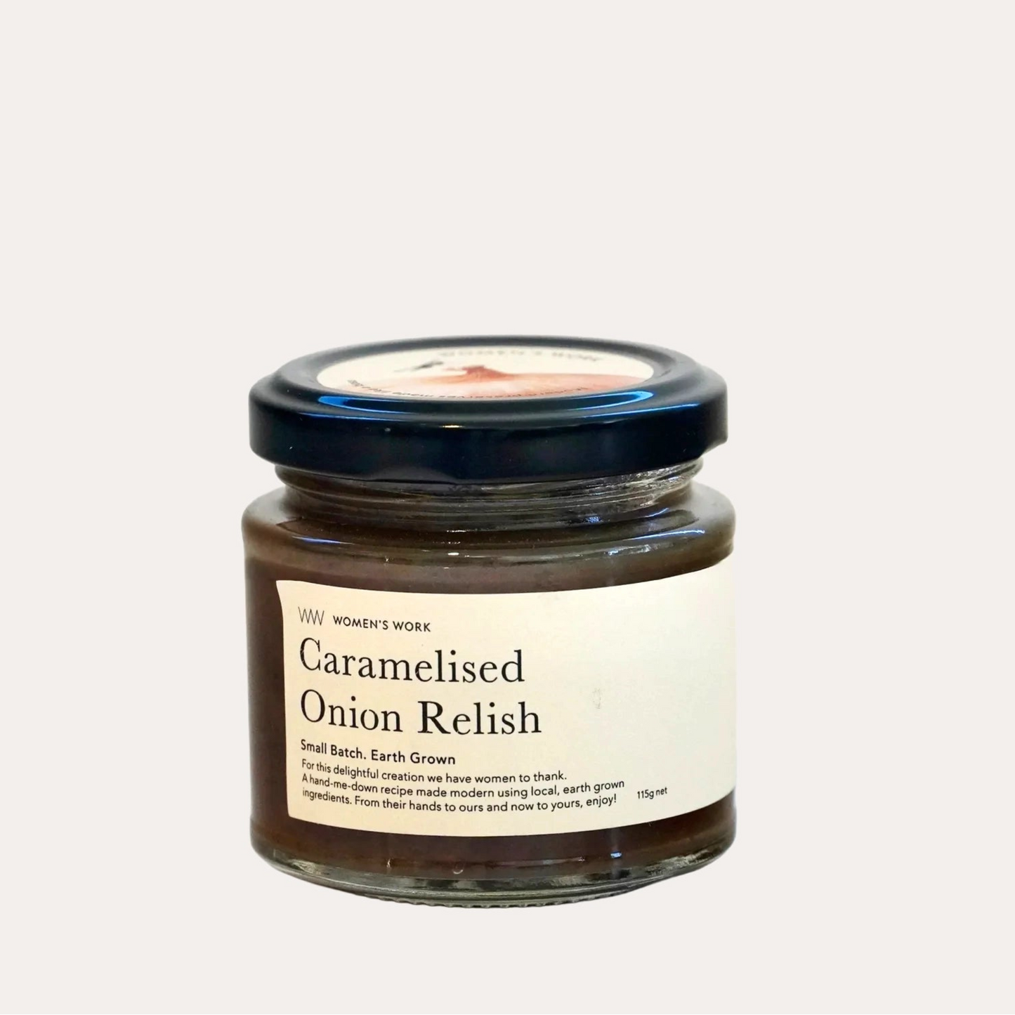 Jar of Caramelised Onion Relish with a label on a white background