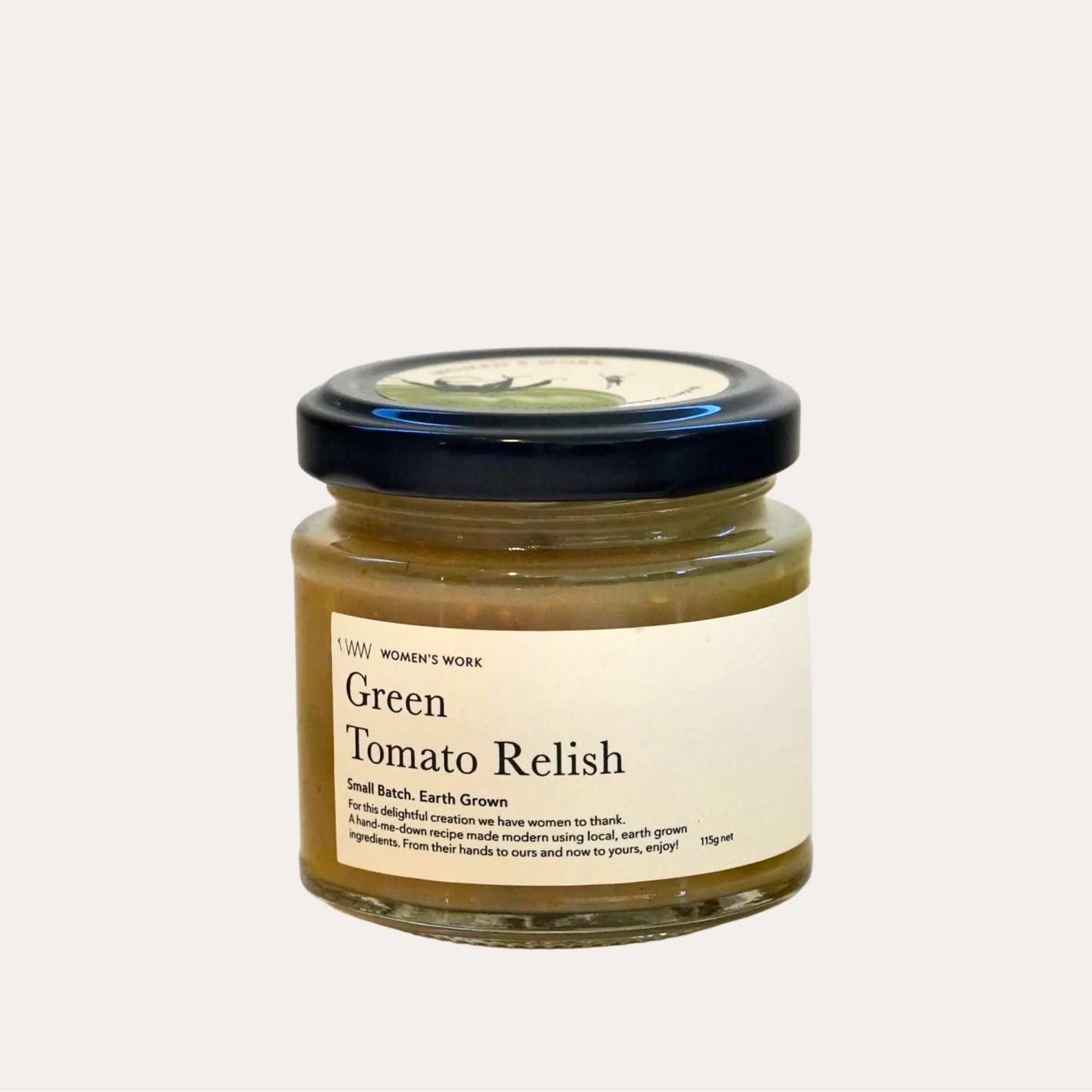 Jar of Green Tomato Relish with a label on a white background