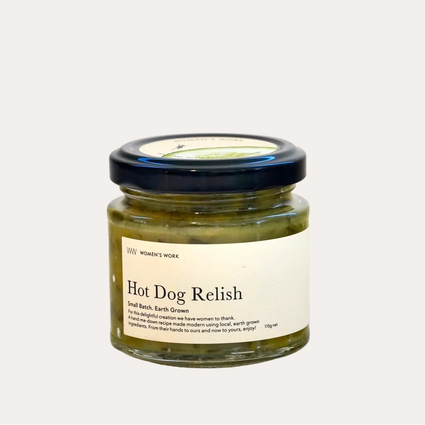 Jar of hot dog relish with a label on a white background