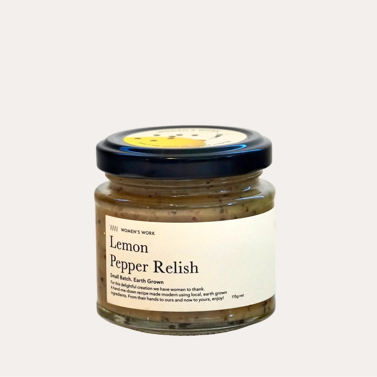 Jar of Lemon Pepper Relish with a label on a light gray background