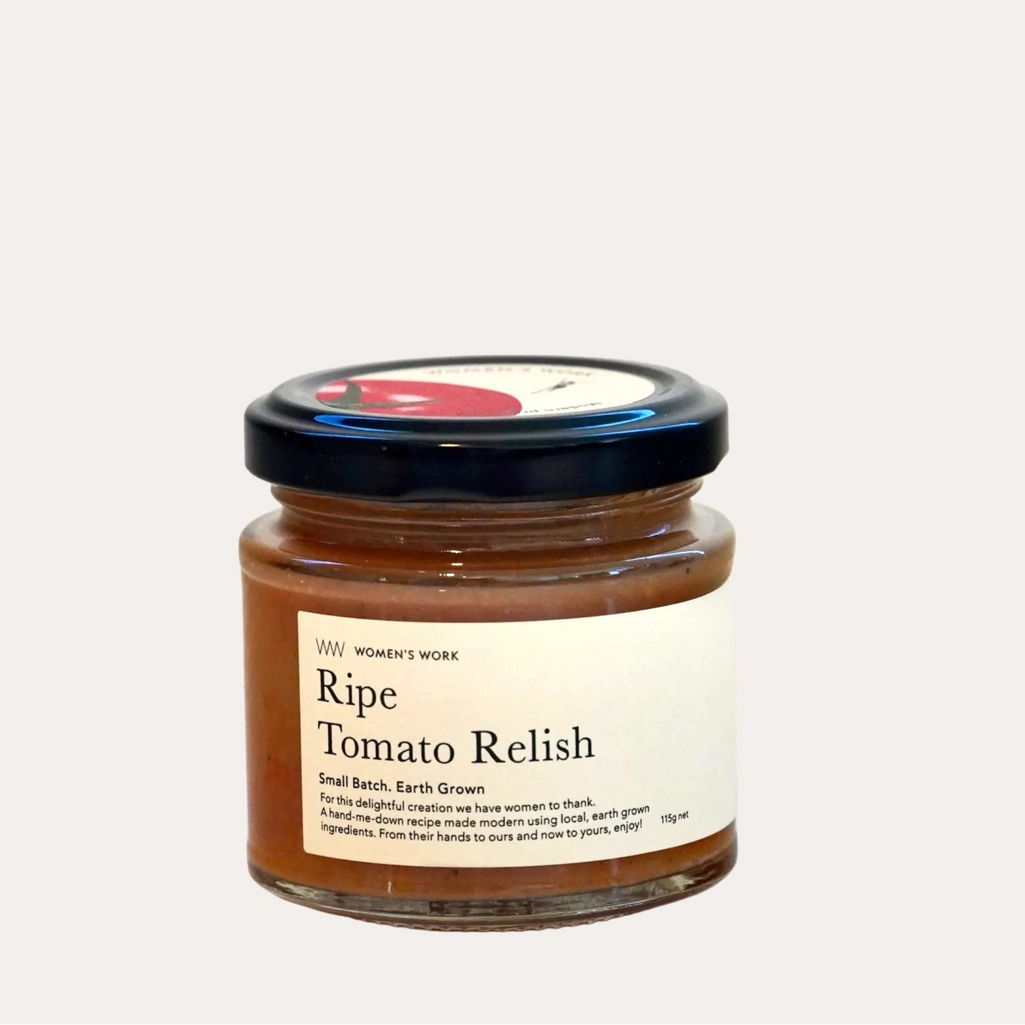Jar of Ripe Tomato Relish with a label on a light gray background