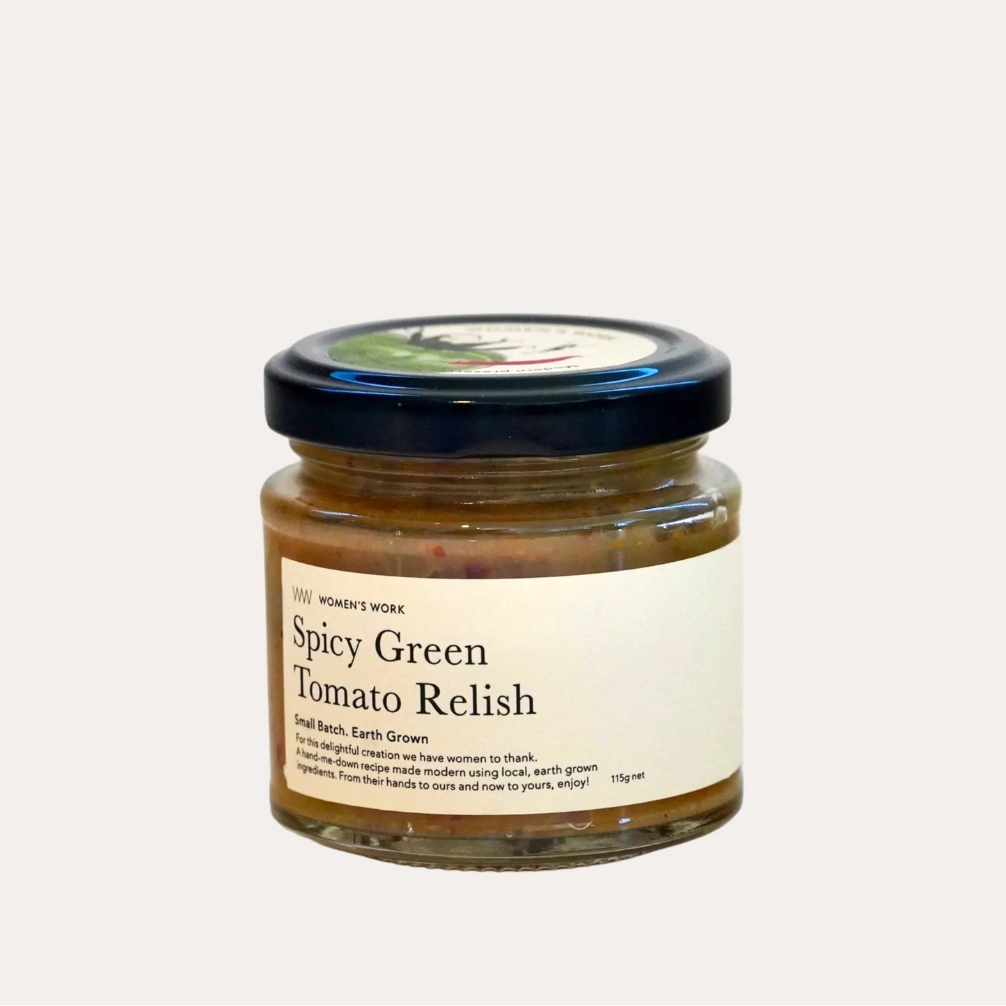 Jar of Spicy Green Tomato Relish on a white background