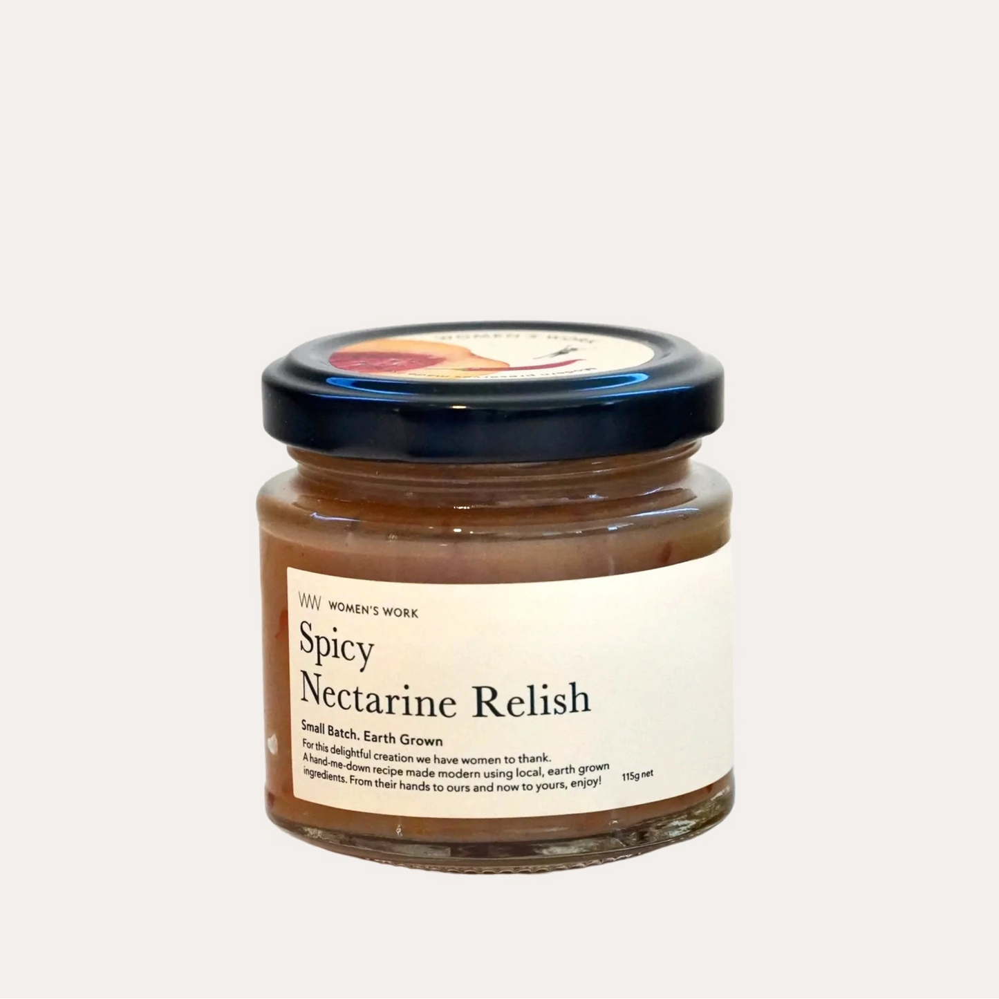 Jar of Spicy Nectarine Relish on a white background