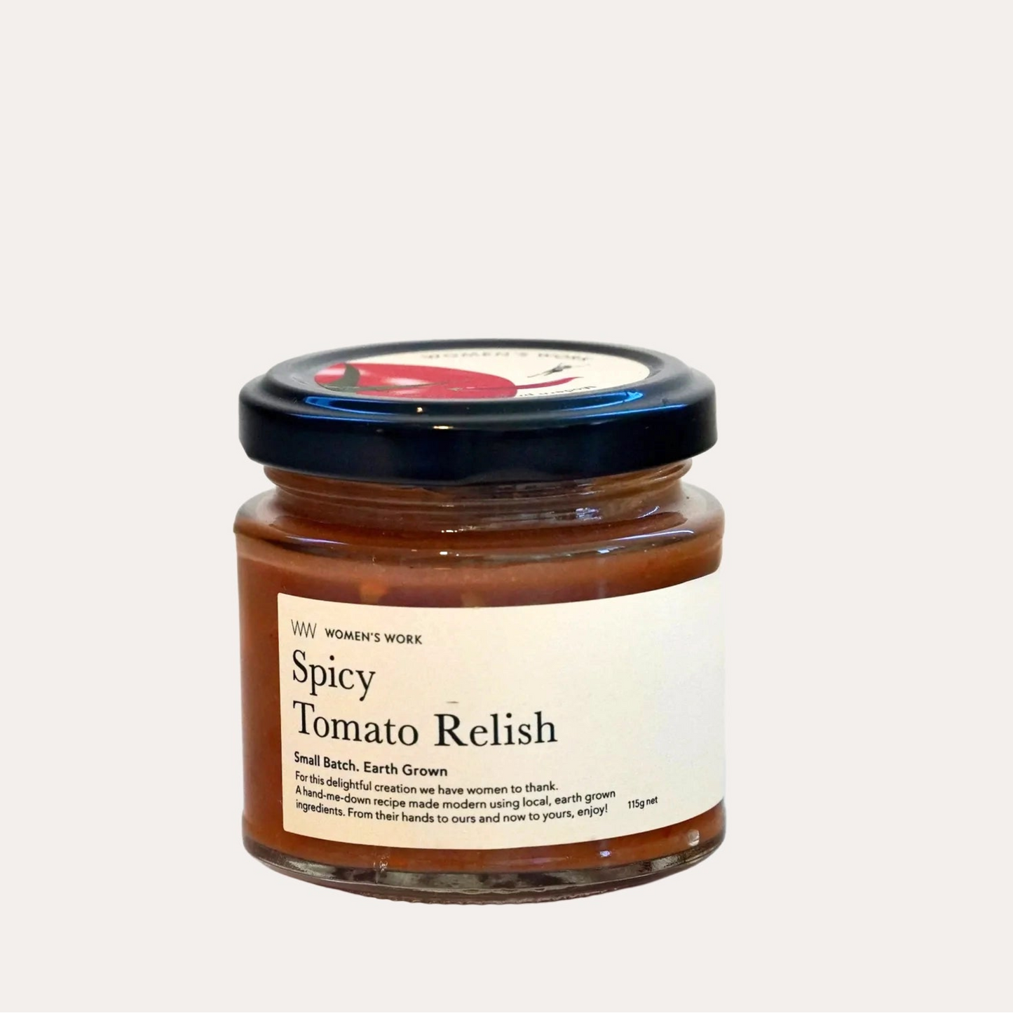 Jar of Spicy Tomato Relish with a label on a white background