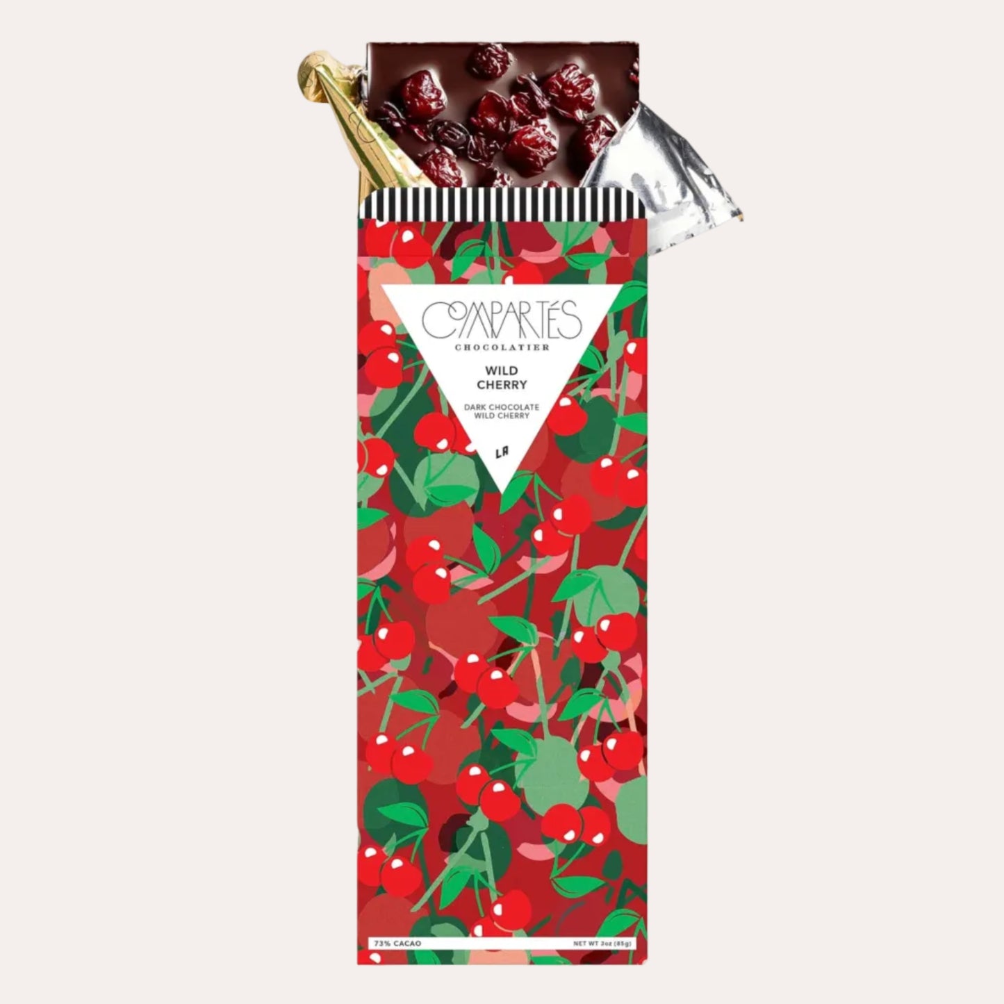 Chocolate bar with cherry design packaging on a white background