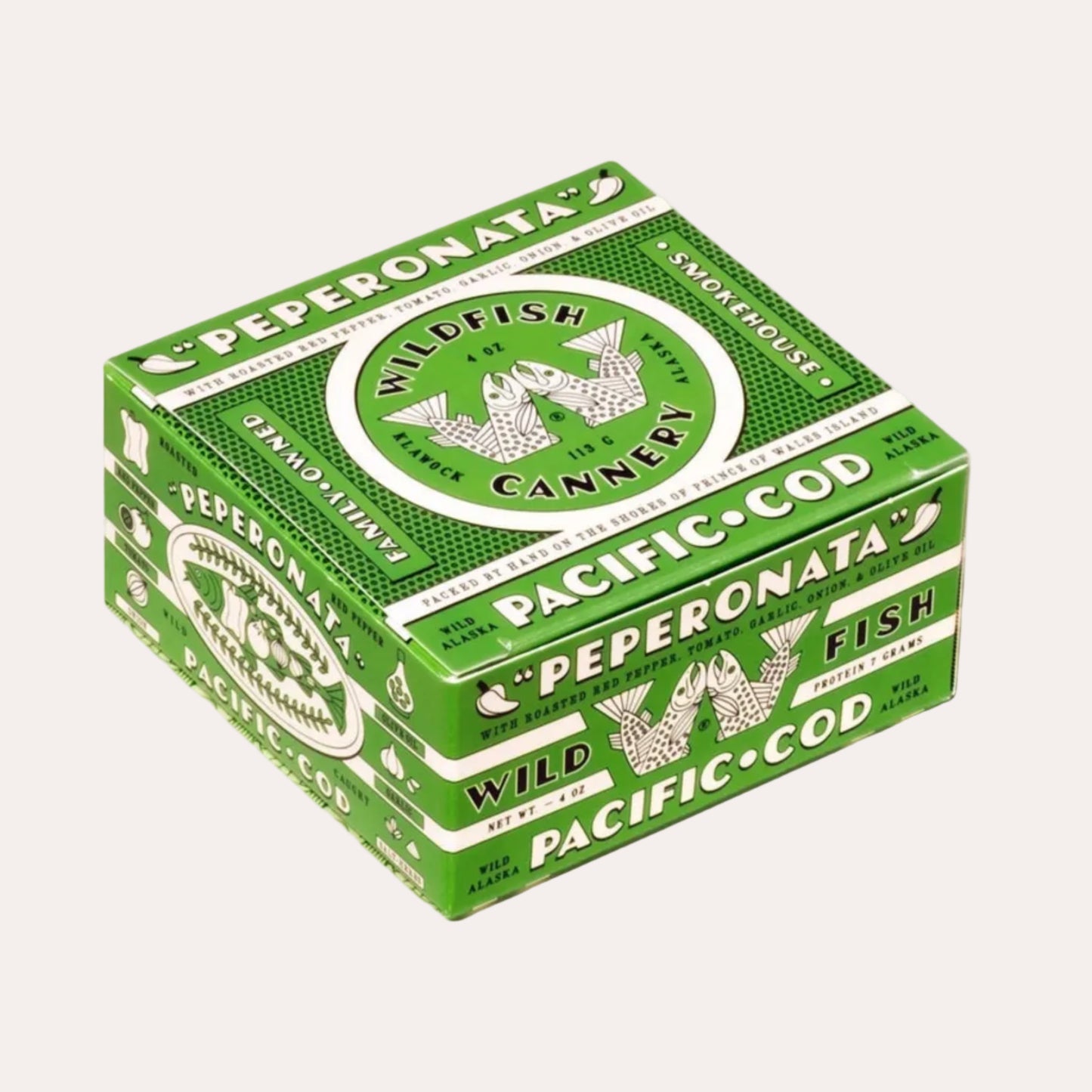 Green packaging box with 'Peperonata' branding on a white background
Best tinned fish