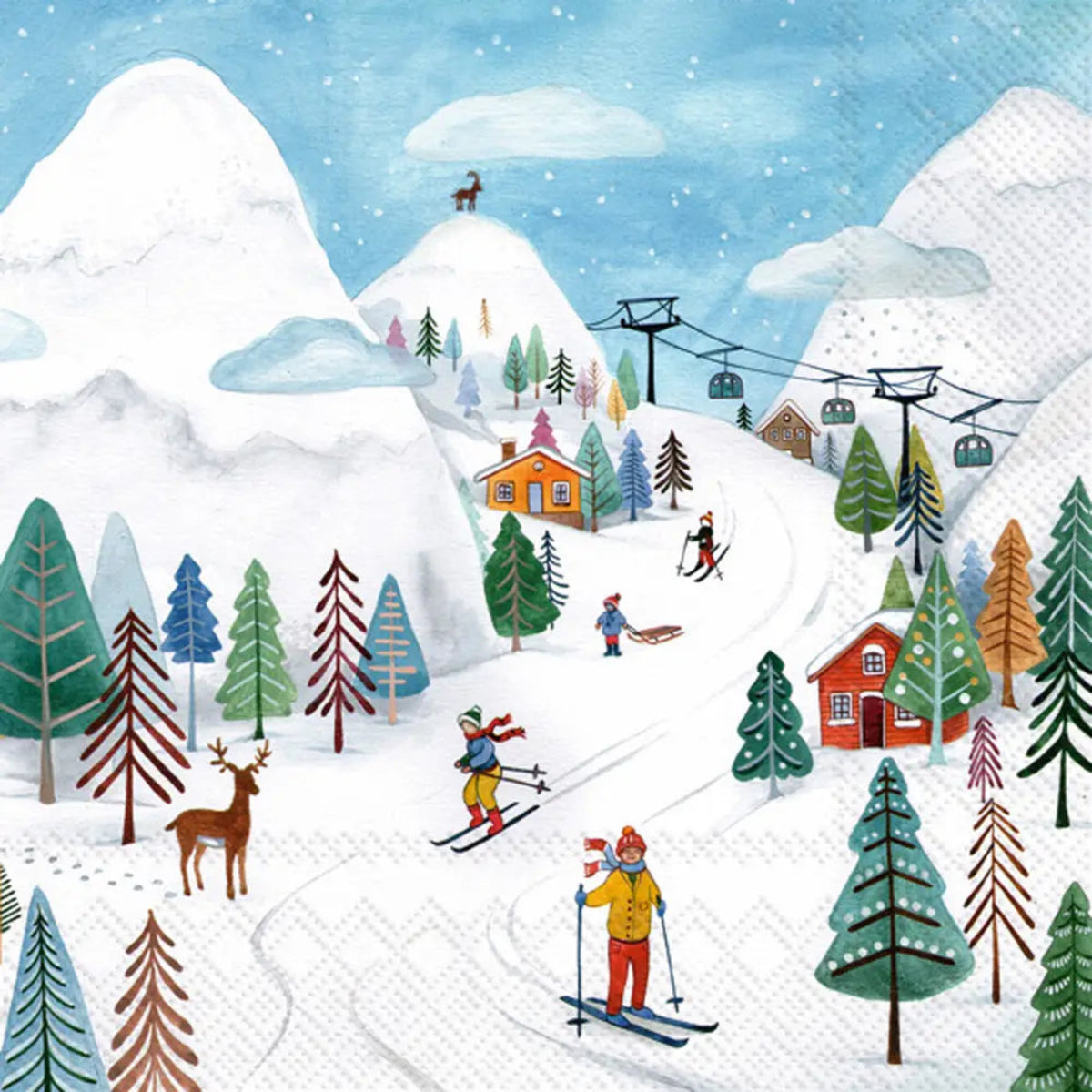 Illustration of a snowy landscape with skiers, trees, and a cabin.