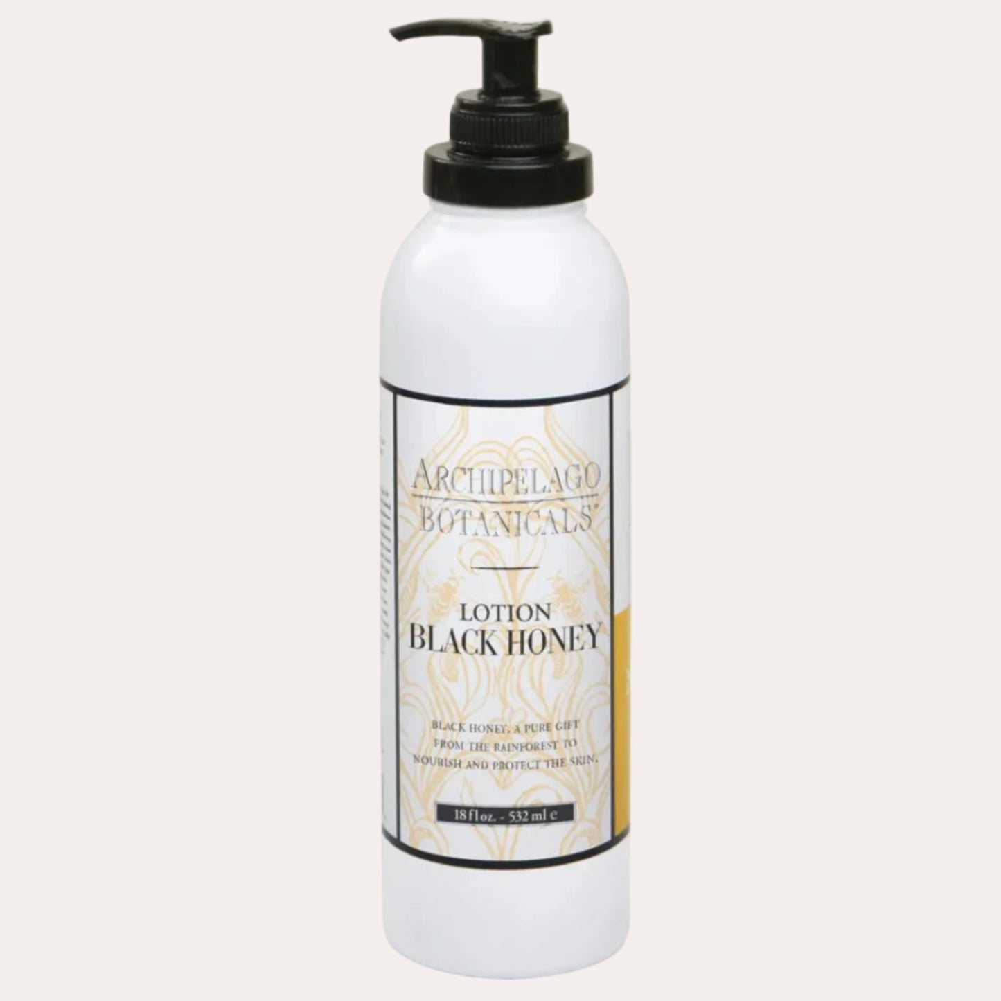 White lotion bottle with black pump labeled 'Archipelago Botanicals Black Honey' on a white background