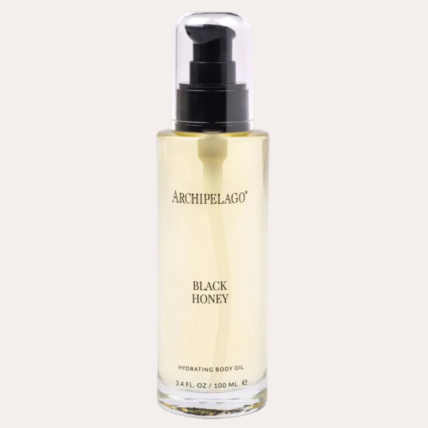 Archipelago Black Honey hydrating body oil bottle on a white background