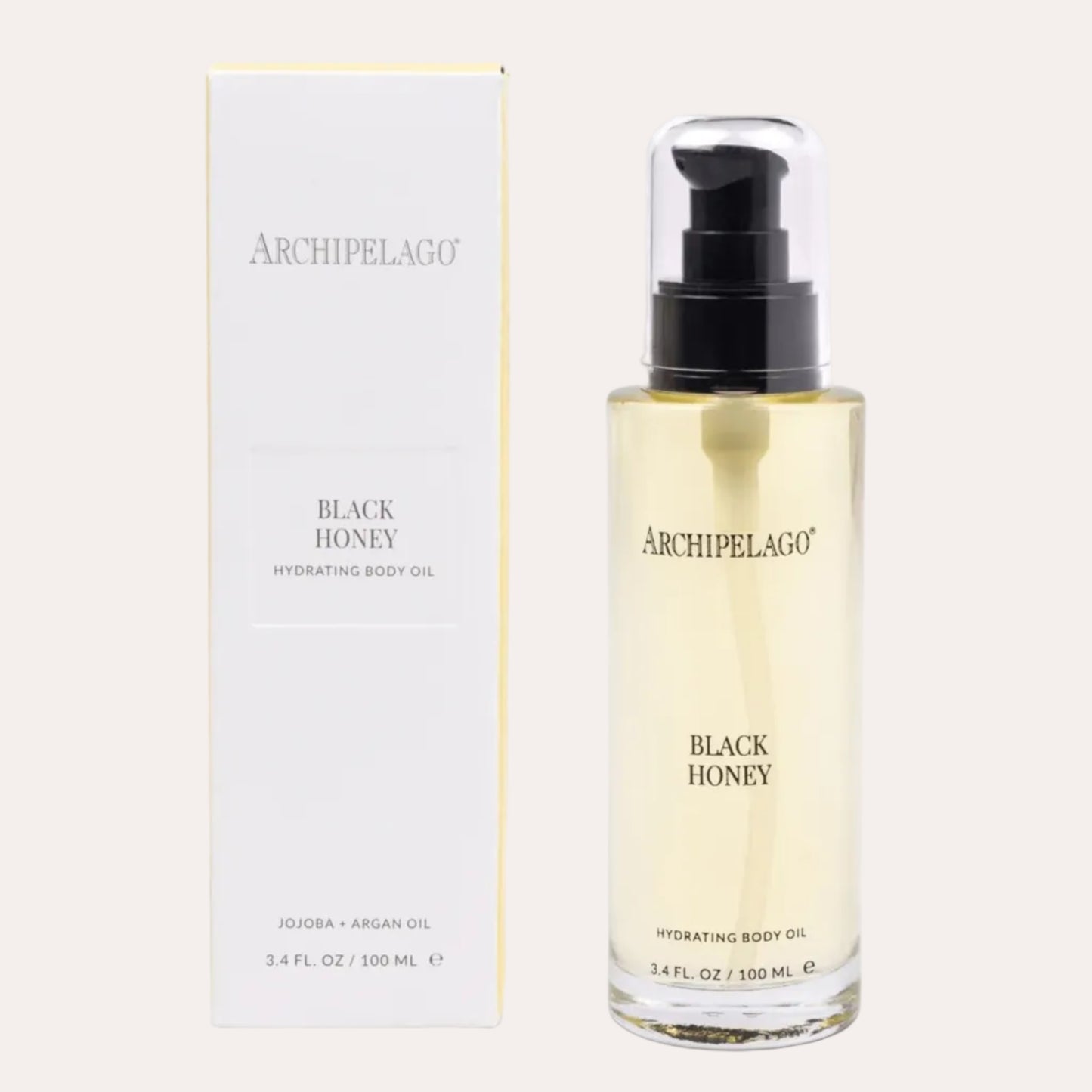 Archipelago Charcoal Rose body oil with pump and packaging on a white background