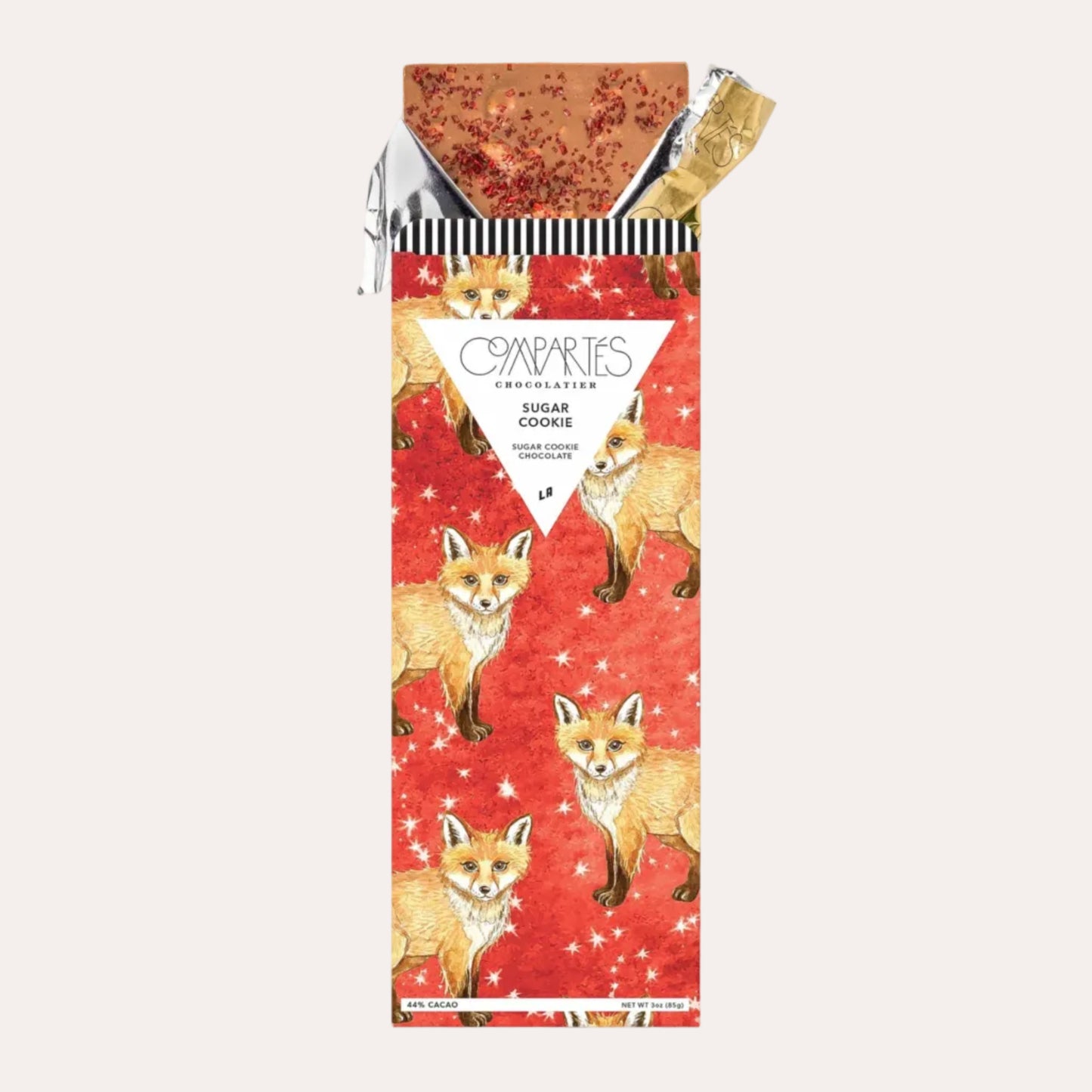 Cookie package with fox illustrations on a red background