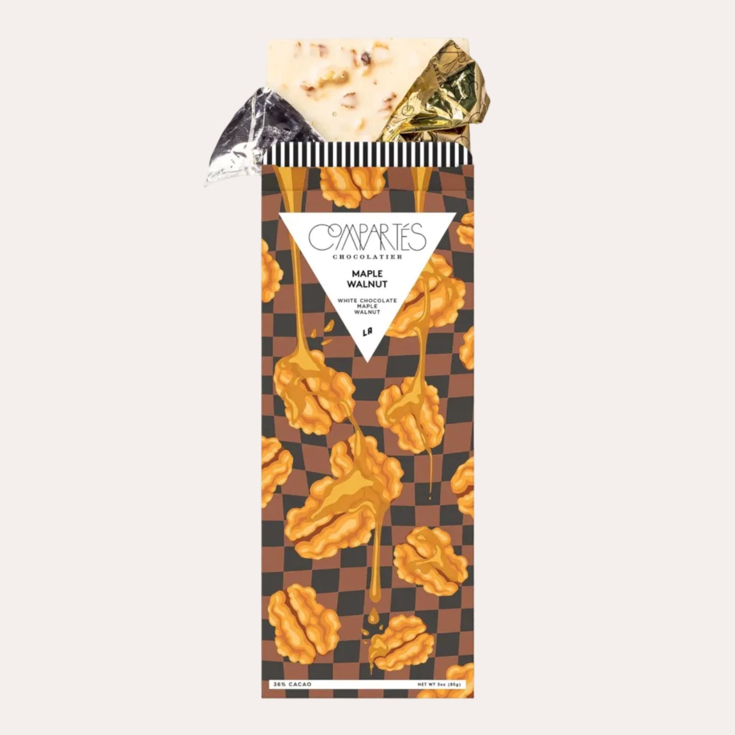 Packaged chocolate with walnut design on a white background