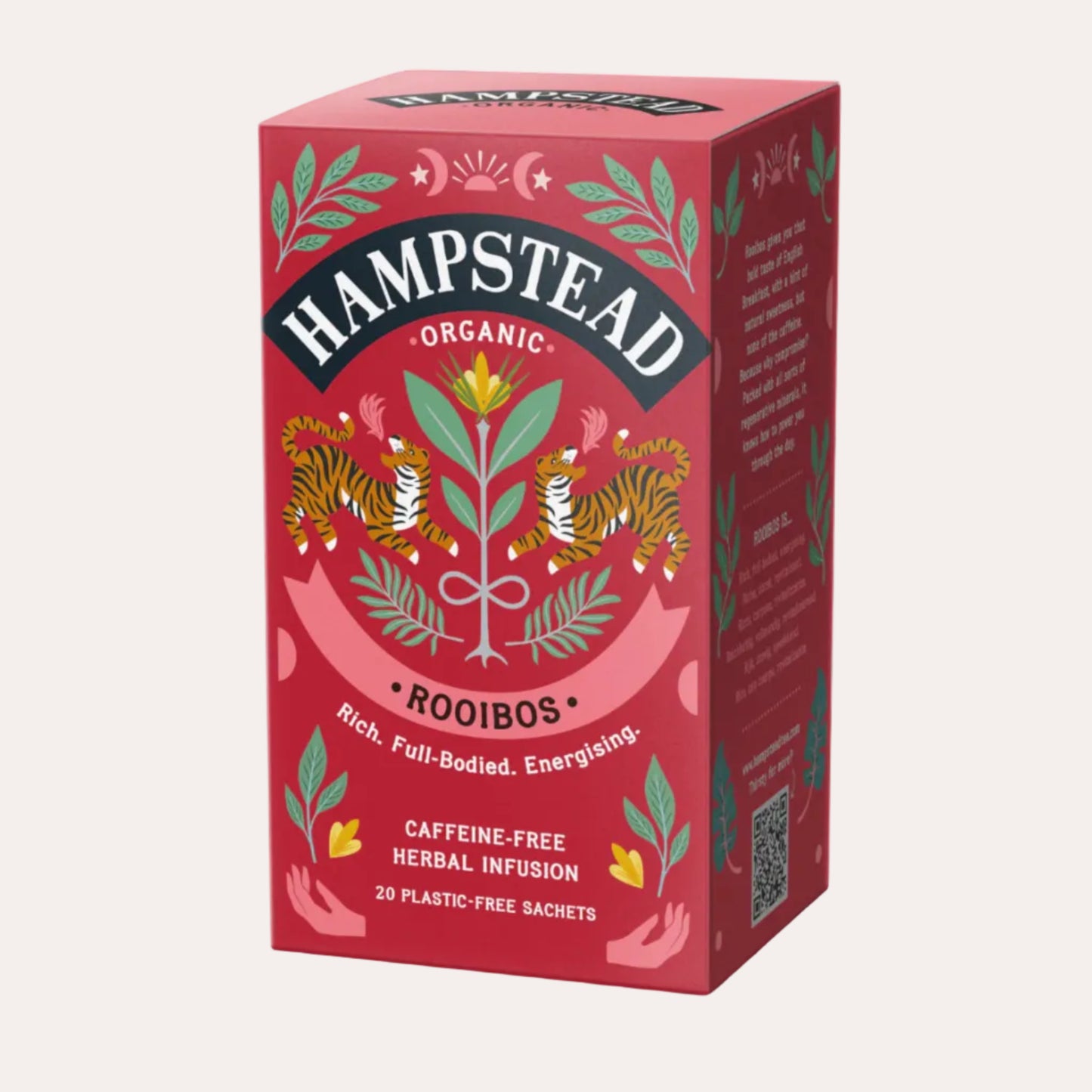 Hampstead Organic Rooibos tea box with tigers and leaves on a red background
Ships across the USA