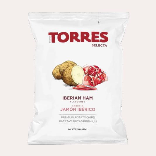 Torres Selecta Iberian Ham flavored potato chips packaging on a white background